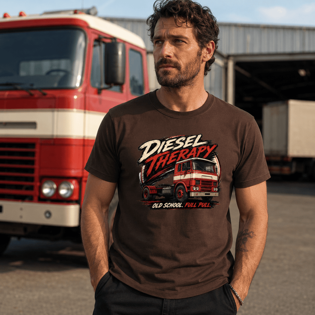 Man wearing a brown t-shirt with a red truck graphic and text, standing in front of a red truck.