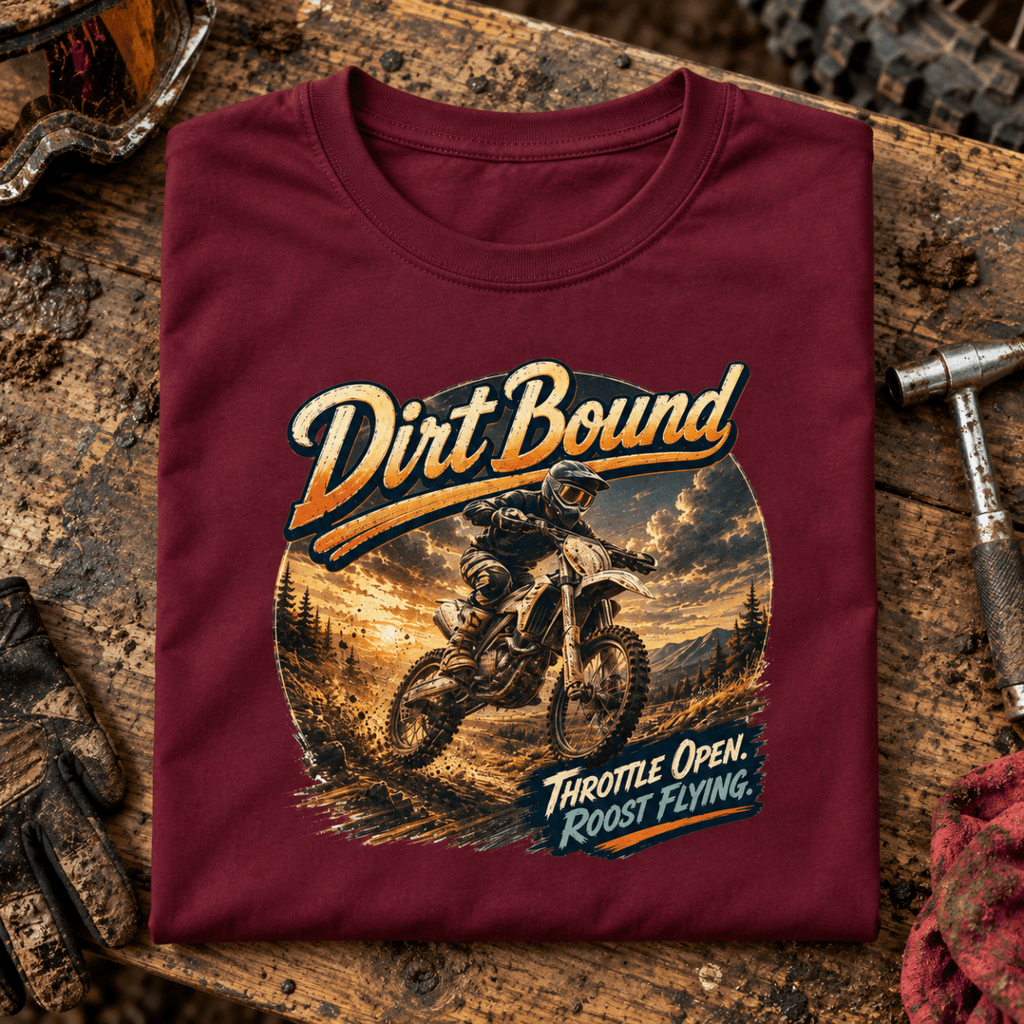 Camberline Dirt Bound enduro burgundy T-shirt front print on a muddy paddock bench