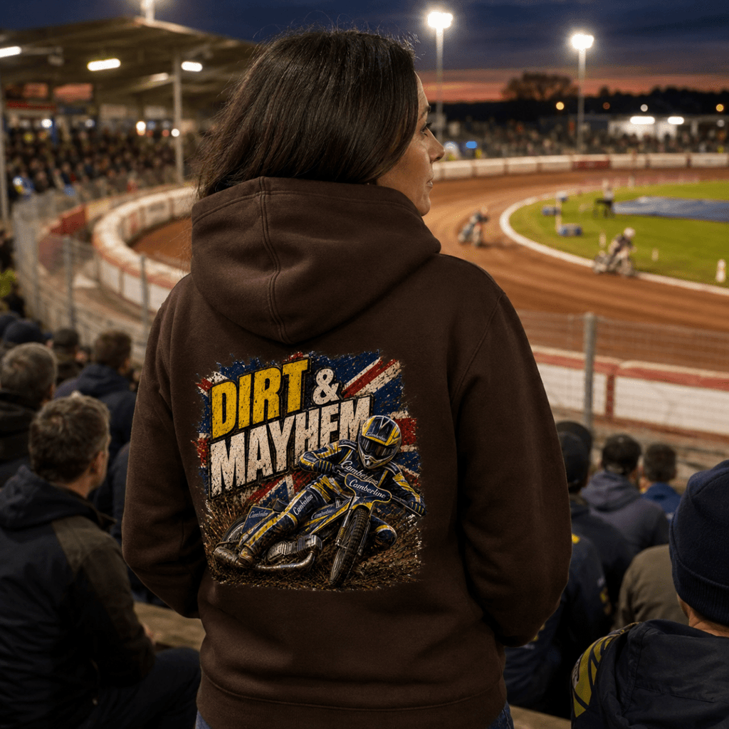 Model wearing Camberline hoodie showing Dirt Mayhem Motorcycle Speedway back graphic