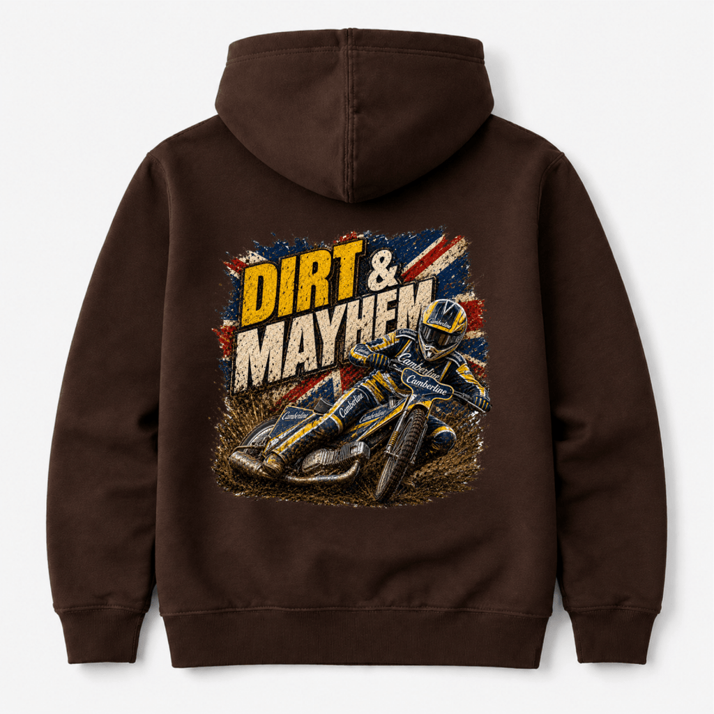 Brown Camberline hoodie showing Dirt Mayhem Motorcycle Speedway back graphic