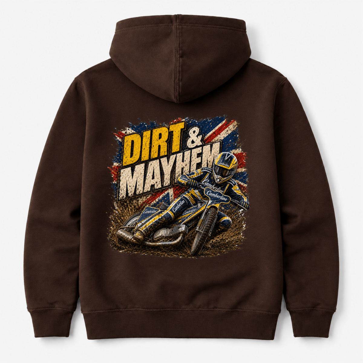 Brown Camberline hoodie showing Dirt Mayhem Motorcycle Speedway back graphic