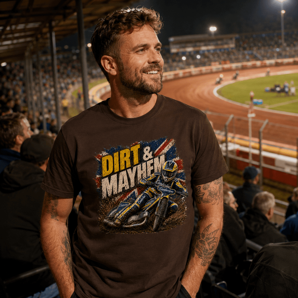 Model wearing Camberline t-shirt showing Dirt Mayhem Motorcycle Speedway front graphic