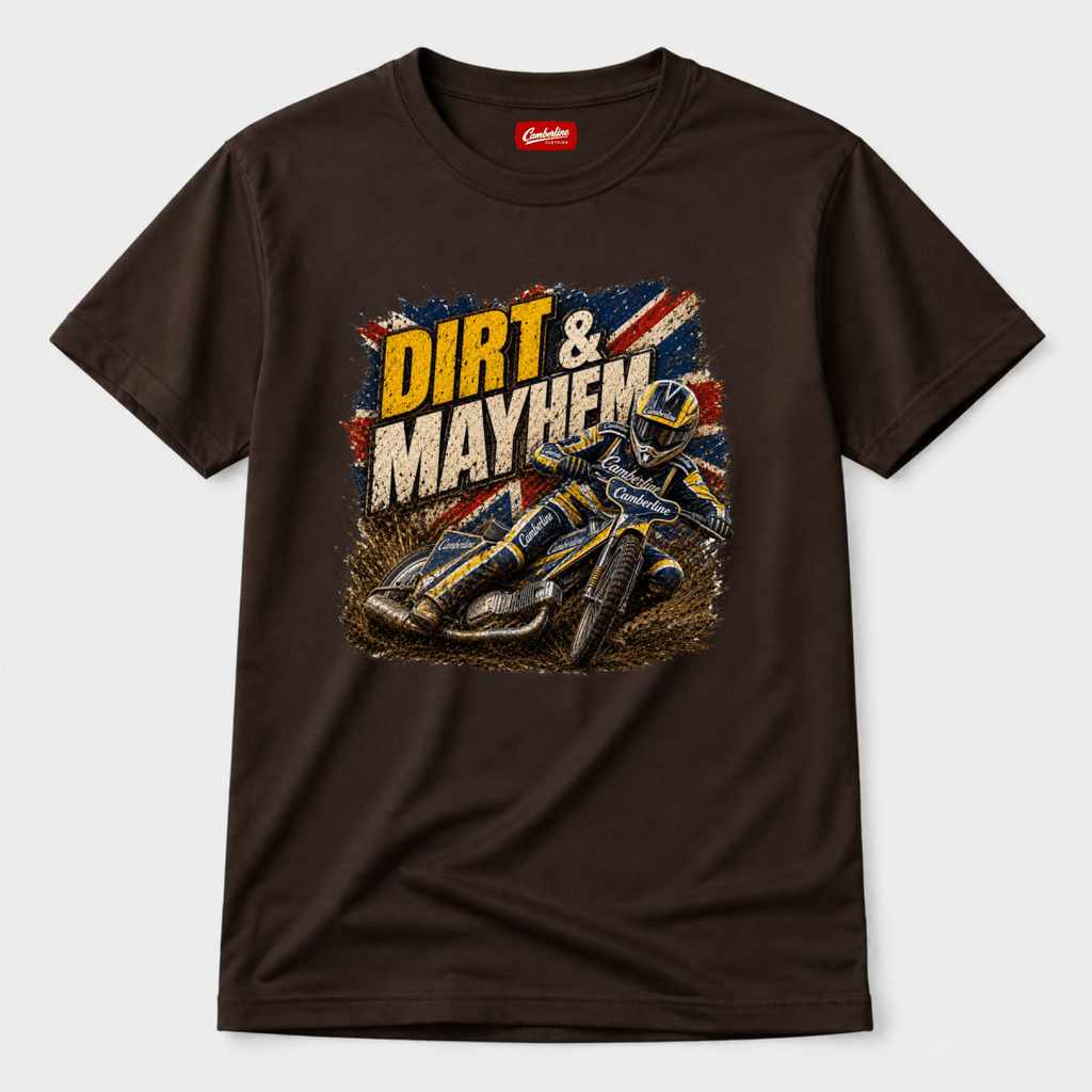 Brown Camberline t-shirt showing Dirt Mayhem Motorcycle Speedway front graphic
