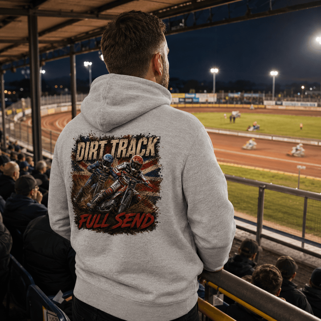 Model wearing Camberline hoodie showing Dirt Track Full Send Multi-Rider Speedway back graphic