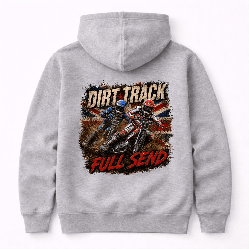 Heather Grey Camberline hoodie showing Dirt Track Full Send Multi-Rider Speedway back graphic