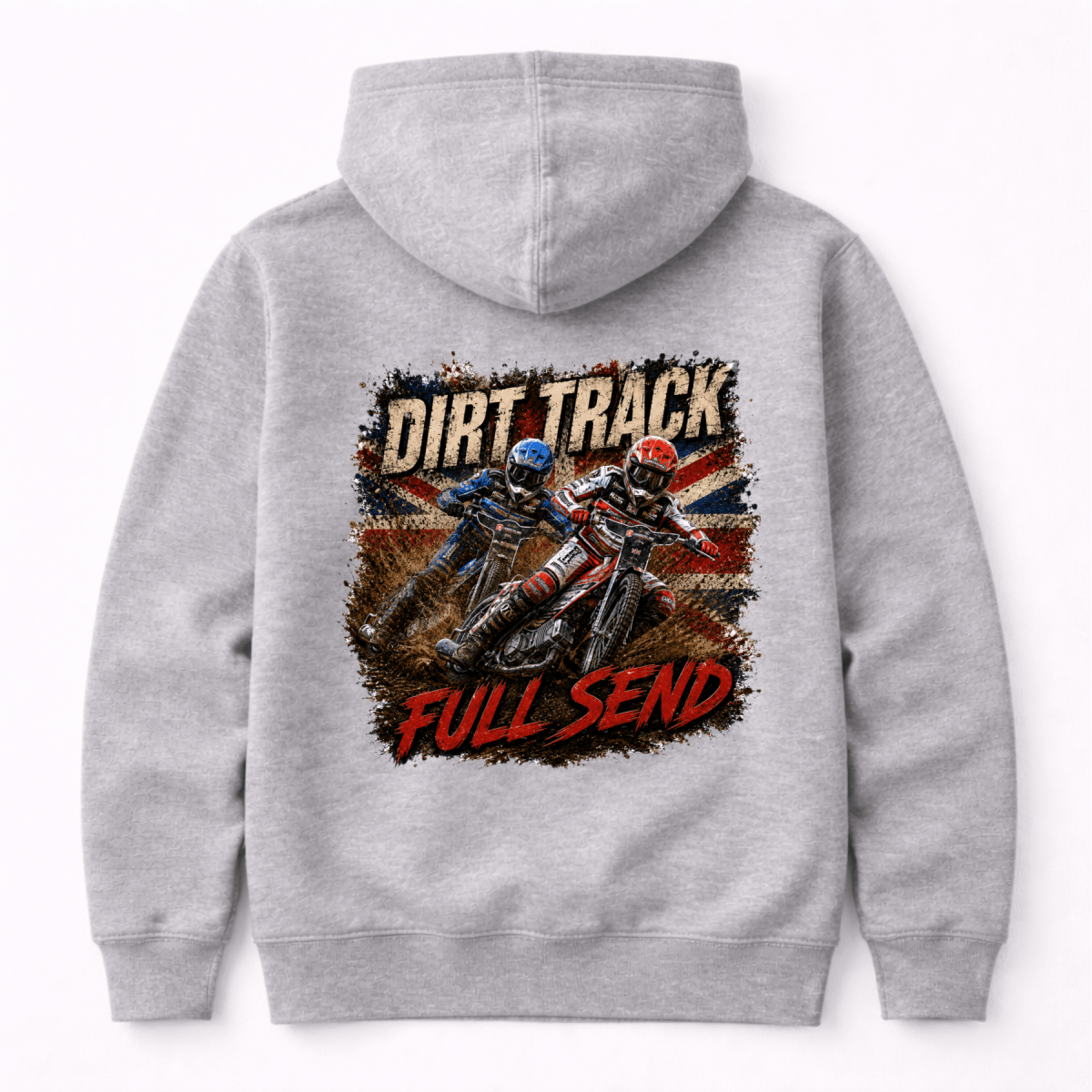 Heather Grey Camberline hoodie showing Dirt Track Full Send Multi-Rider Speedway back graphic