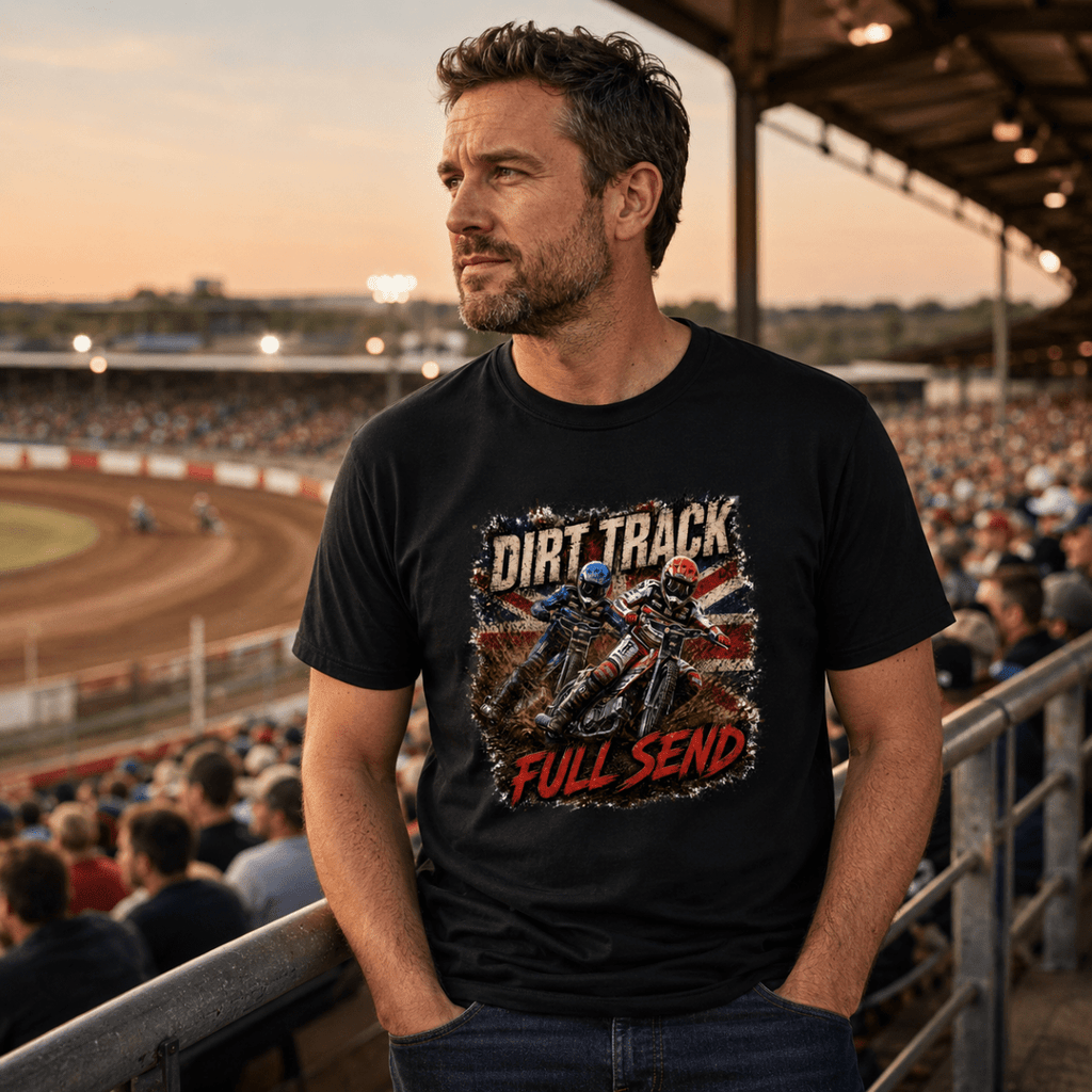 Model wearing Camberline t-shirt showing Dirt Track Full Send Speedway Riders front graphic