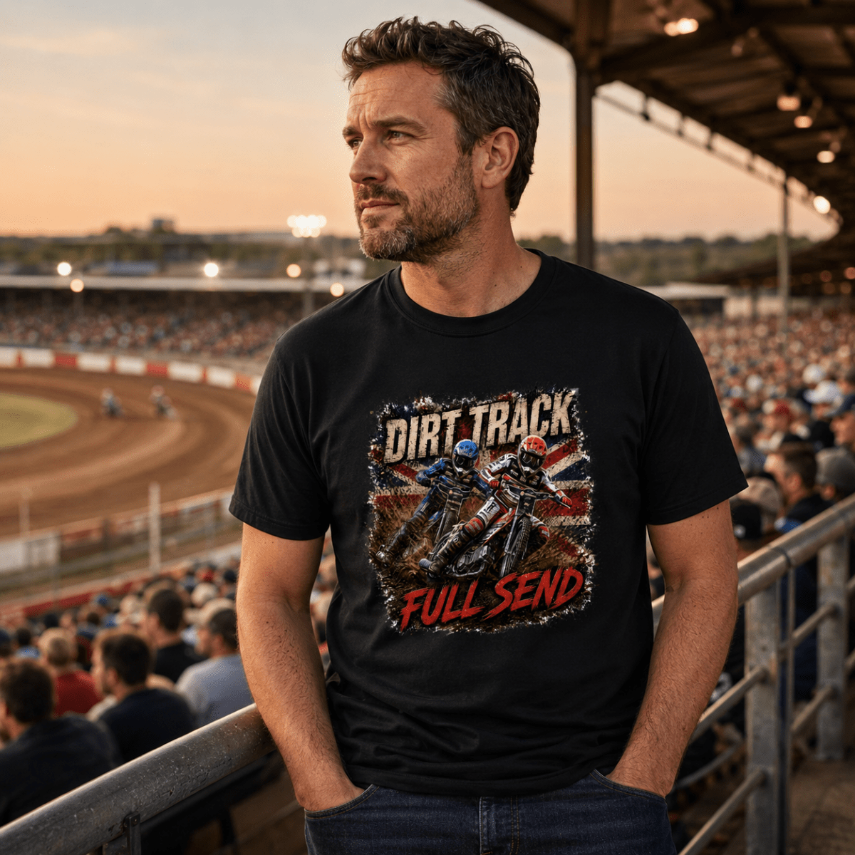 Model wearing Camberline t-shirt showing Dirt Track Full Send Speedway Riders front graphic