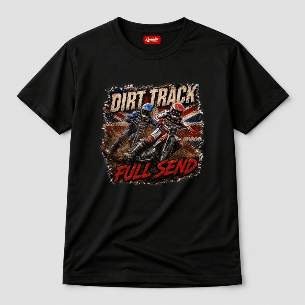 Black Camberline t-shirt showing Dirt Track Full Send Speedway Riders front graphic