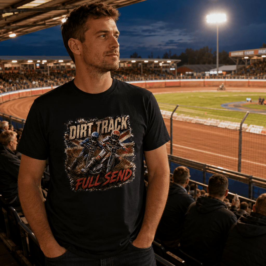 Model wearing Camberline t-shirt showing Dirt Track Full Send Speedway front graphic