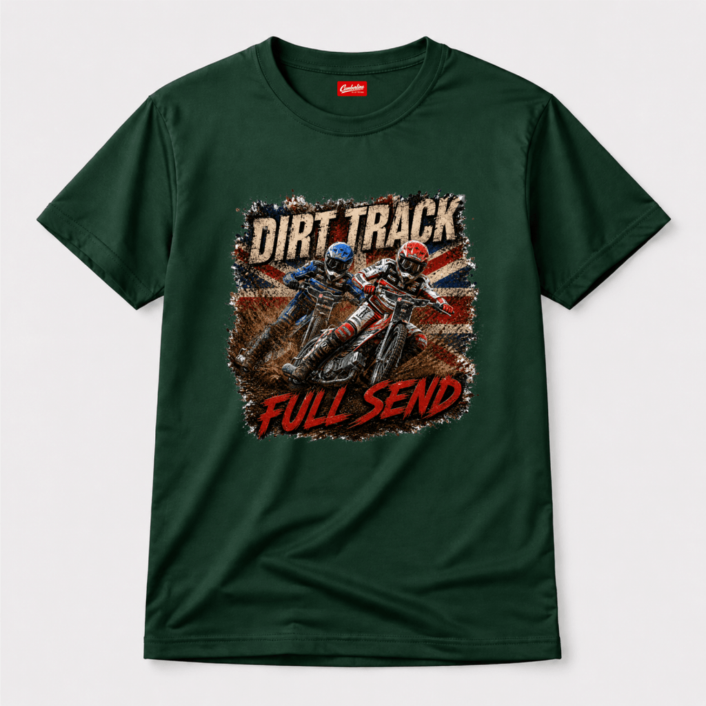 Forest Green Camberline t-shirt showing Dirt Track Full Send Speedway front graphic