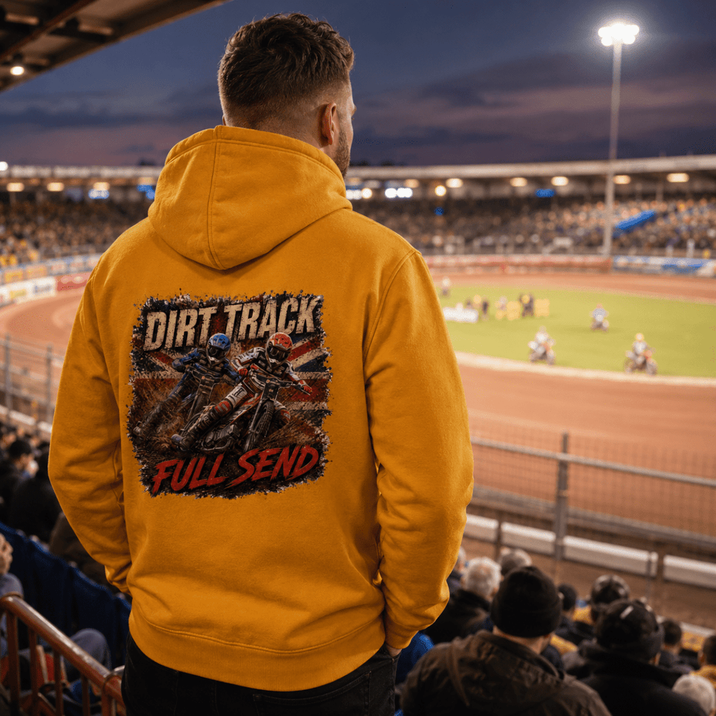 Model wearing Camberline hoodie showing Dirt Track Full Send Motorcycle Speedway back graphic