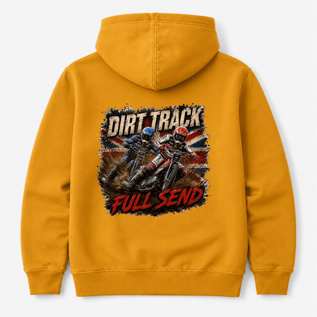 Gold Camberline hoodie showing Dirt Track Full Send Motorcycle Speedway back graphic
