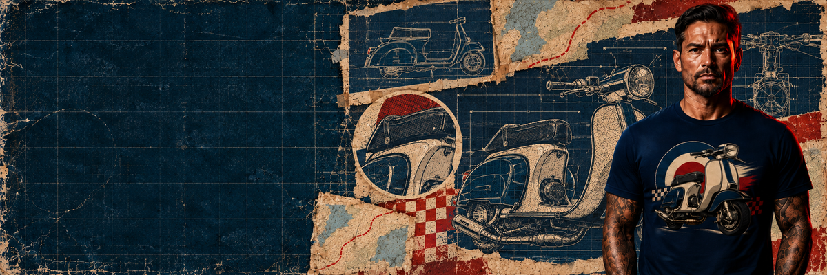 A man wearing a dark navy dtf printed graphic t-shirt with a scooter illustration, standing in front of a distressed, vintage-style collage background featuring blue, beige, and red tones.