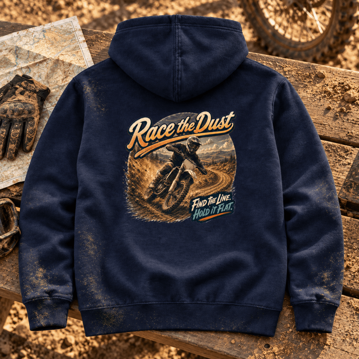 Camberline Enduro Motorcycle Graphic Hoodie - Race the Dust Motocross Bike navy themed garment hero