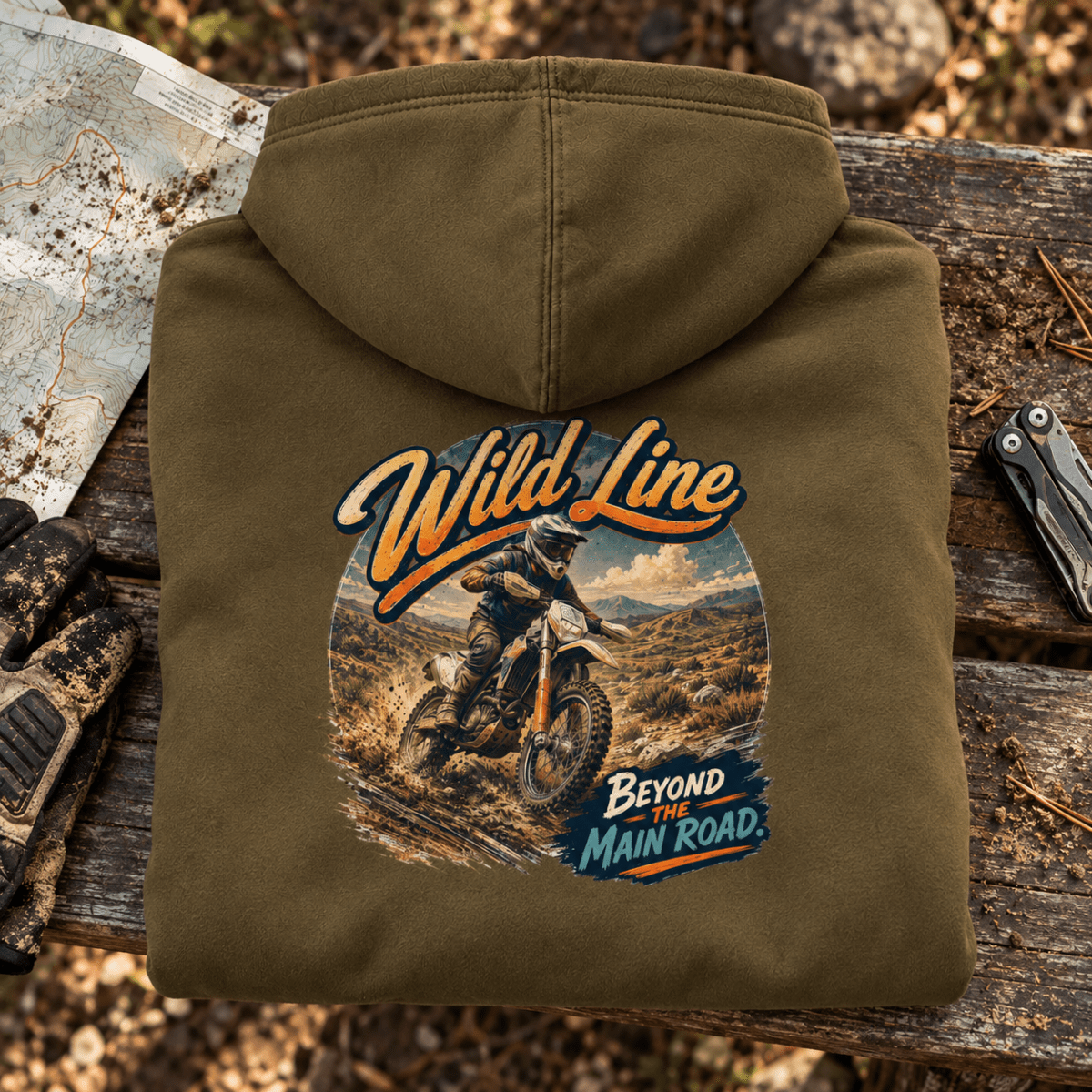 Camberline Enduro Motorcycle Graphic Hoodie - Wild Line Adventure Bike olive themed garment hero