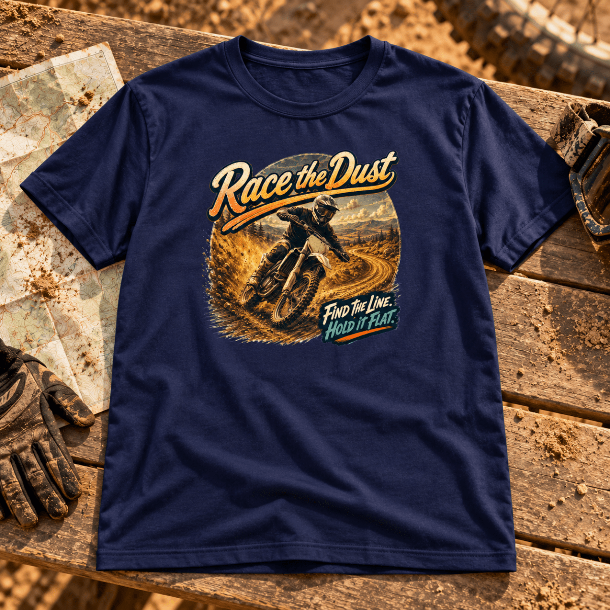 Camberline Enduro Motorcycle Graphic T-Shirt - Race the Dust Dirt Bike navy themed garment hero