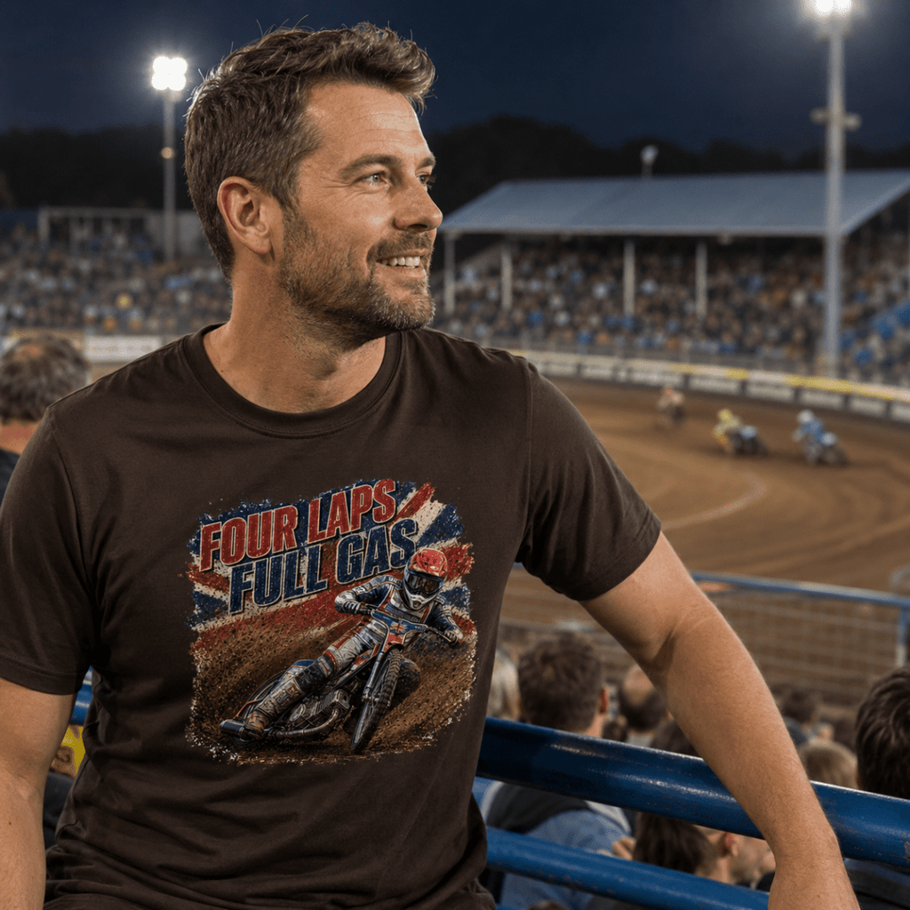 Model wearing Camberline t-shirt showing Four Laps Full Gas Dirt Track Speedway front graphic