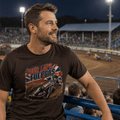 Model wearing Camberline t-shirt showing Four Laps Full Gas Dirt Track Speedway front graphic