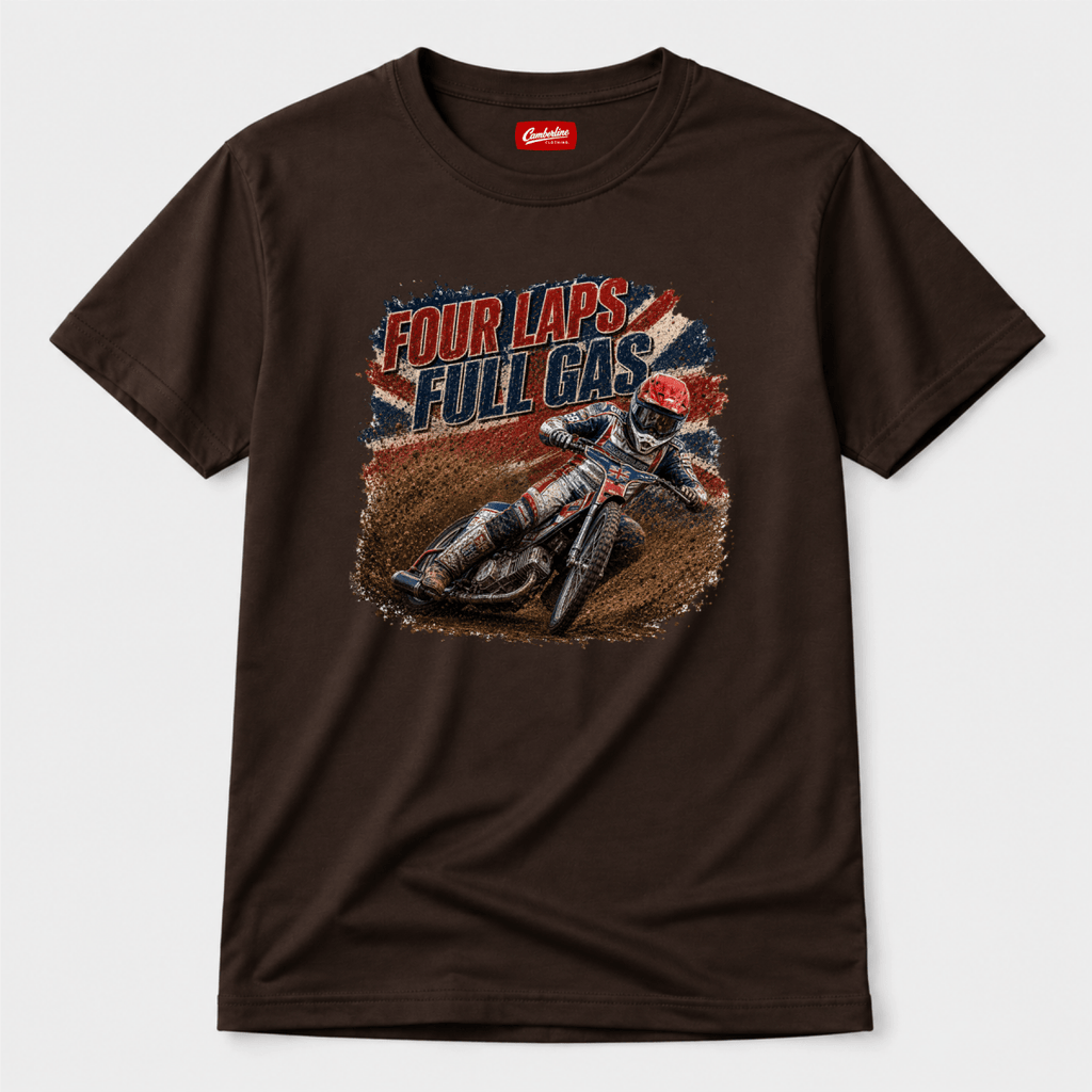 Brown Camberline t-shirt showing Four Laps Full Gas Dirt Track Speedway front graphic
