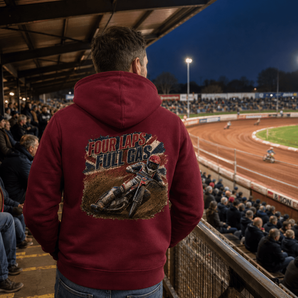 Model wearing Camberline hoodie showing Four Laps Full Gas Speedway Racing back graphic