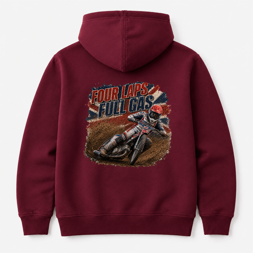 Maroon Camberline hoodie showing Four Laps Full Gas Speedway Racing back graphic