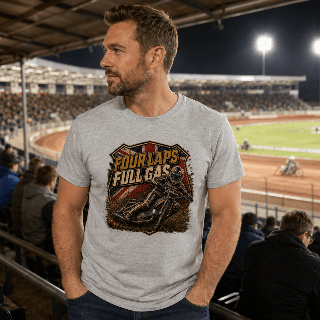 Model wearing Camberline t-shirt showing Four Laps Full Gas Vintage Speedway front graphic
