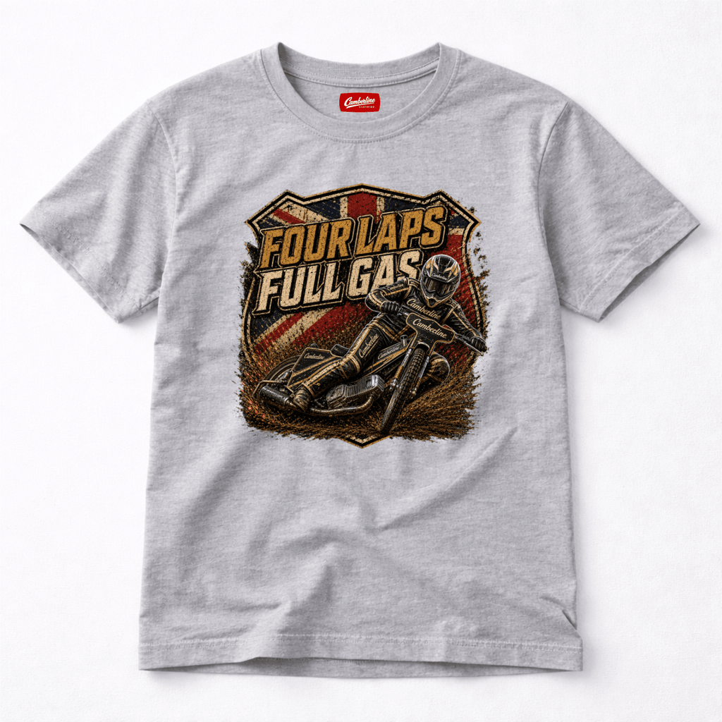 Heather Grey Camberline t-shirt showing Four Laps Full Gas Vintage Speedway front graphic