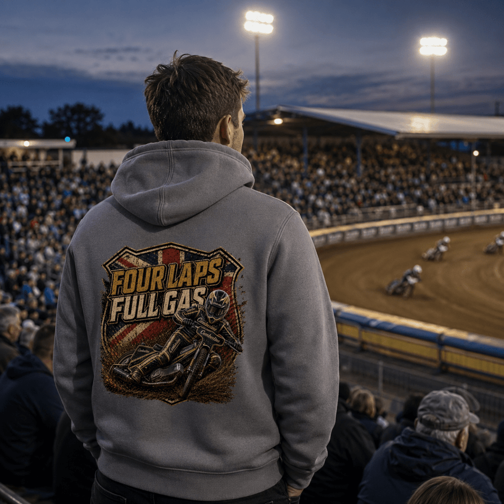 Model wearing Camberline hoodie showing Four Laps Full Gas Vintage Speedway back graphic
