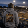 Model wearing Camberline hoodie showing Four Laps Full Gas Vintage Speedway back graphic