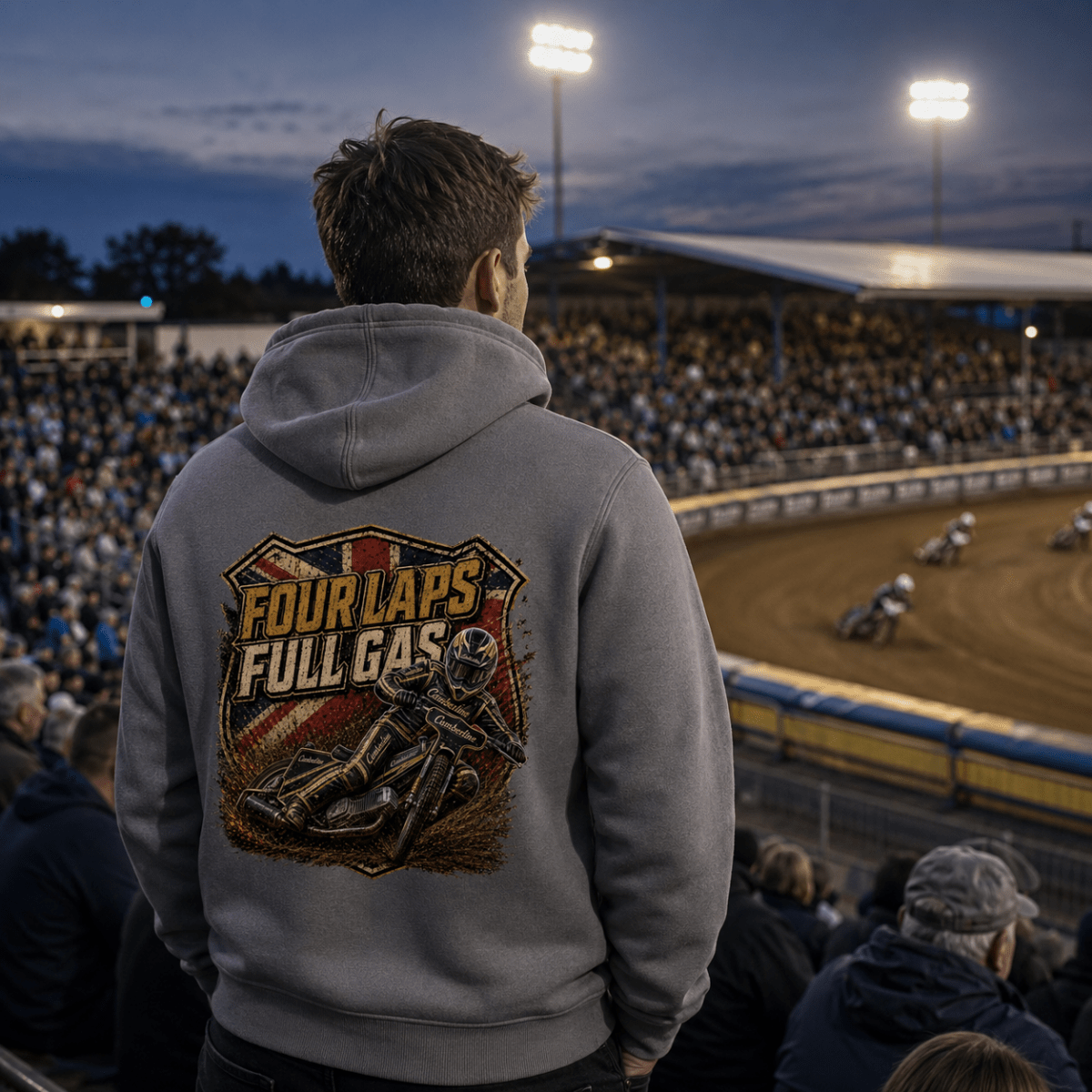Model wearing Camberline hoodie showing Four Laps Full Gas Vintage Speedway back graphic