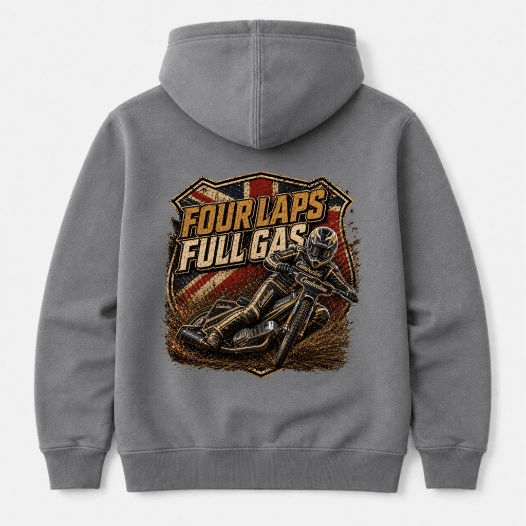 Charcoal Camberline hoodie showing Four Laps Full Gas Vintage Speedway back graphic