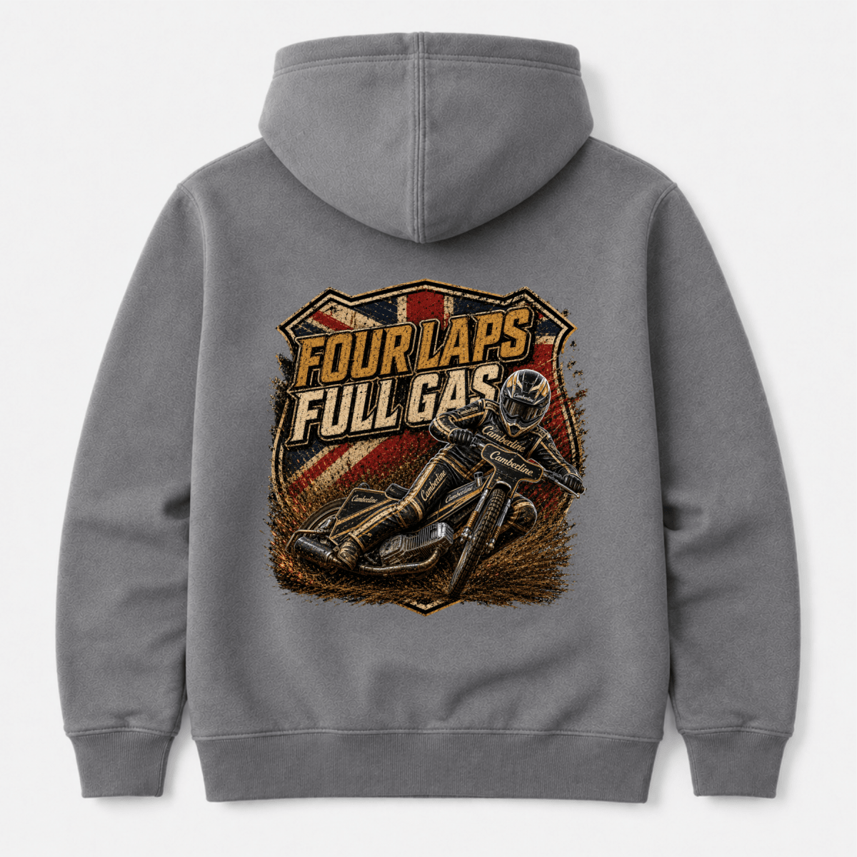 Charcoal Camberline hoodie showing Four Laps Full Gas Vintage Speedway back graphic