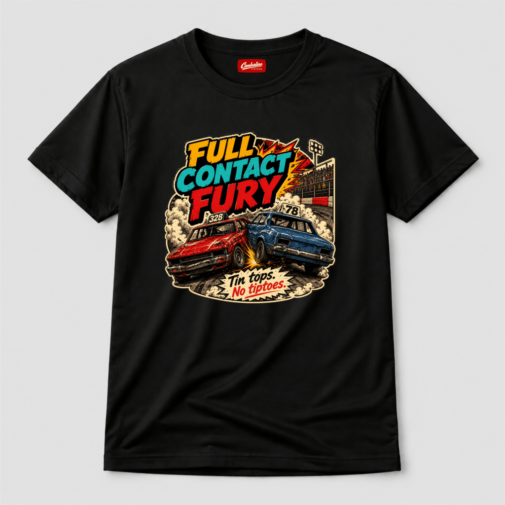 Camberline Full Contact Fury Stock Cars Black t-shirt, front graphic for British oval racing fans