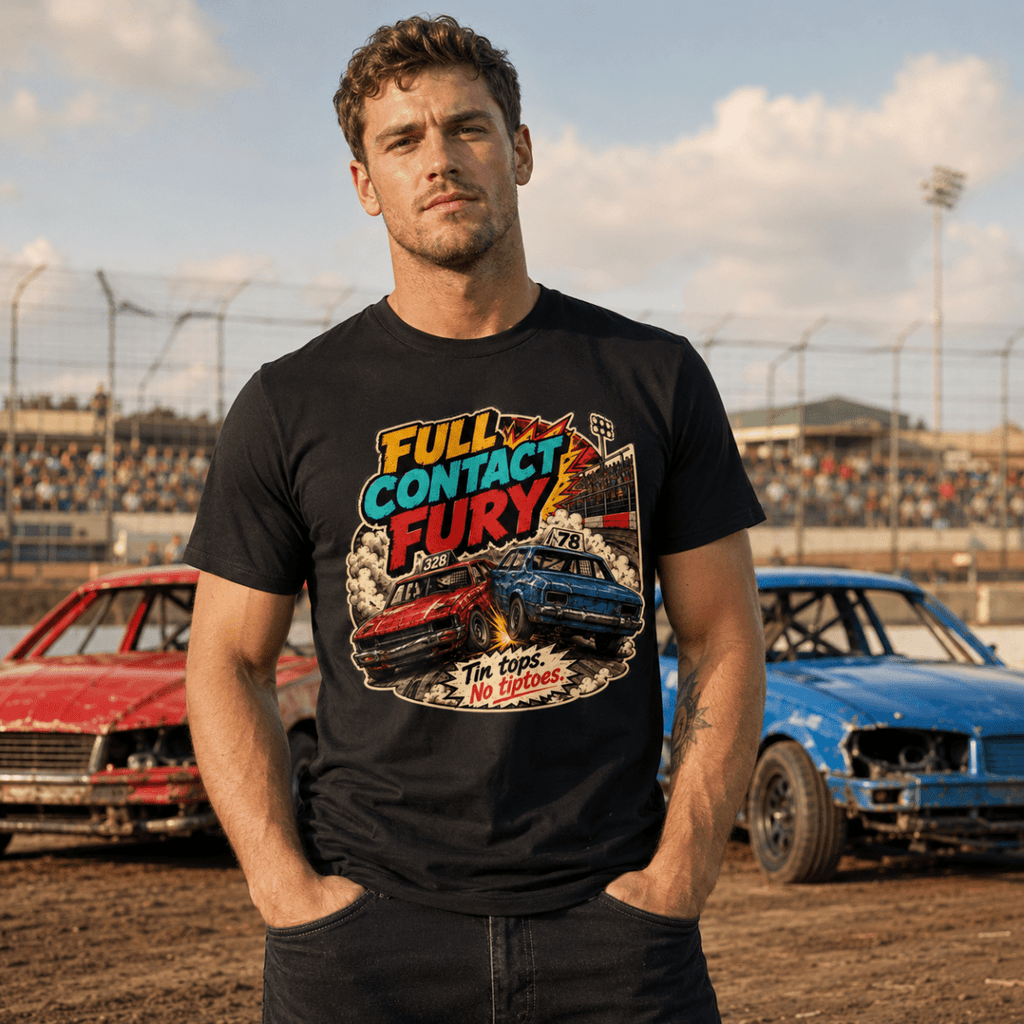 Model wearing Camberline Black t-shirt showing Full Contact Fury Stock Cars British oval racing front graphic