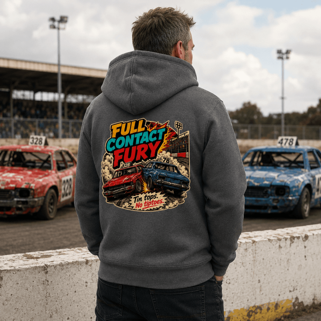 Model wearing Camberline Charcoal hoodie showing Full Contact Fury Retro Arcade British oval racing back graphic
