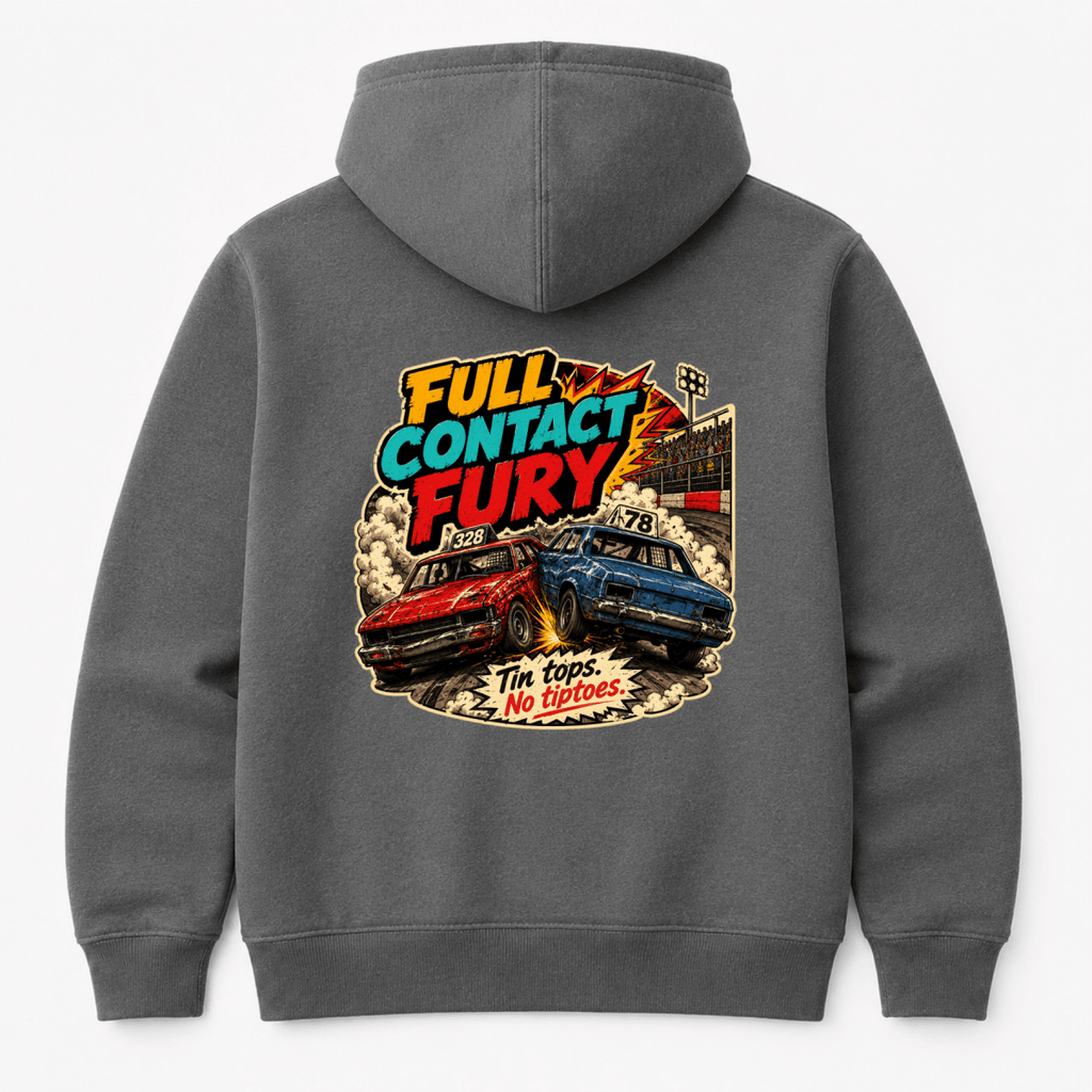 Camberline Full Contact Fury Retro Arcade Charcoal hoodie, back graphic for British oval racing fans