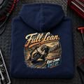 Camberline Full Lean Track sport bike navy hoodie back print in a race-garage setting