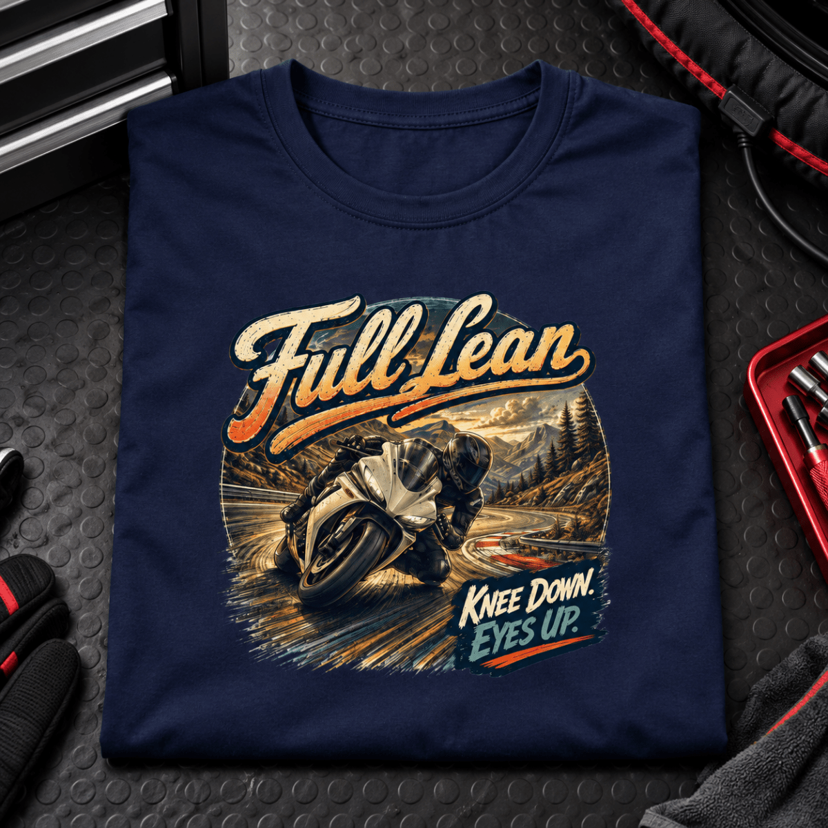 Camberline Full Lean Track sport bike navy T-shirt front print in a race-garage setting
