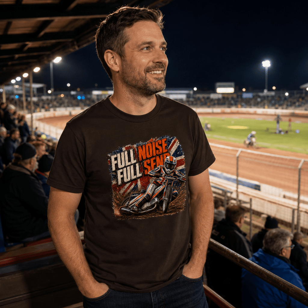 Model wearing Camberline t-shirt showing Full Noise Full Senses Motorcycle Speedway front graphic