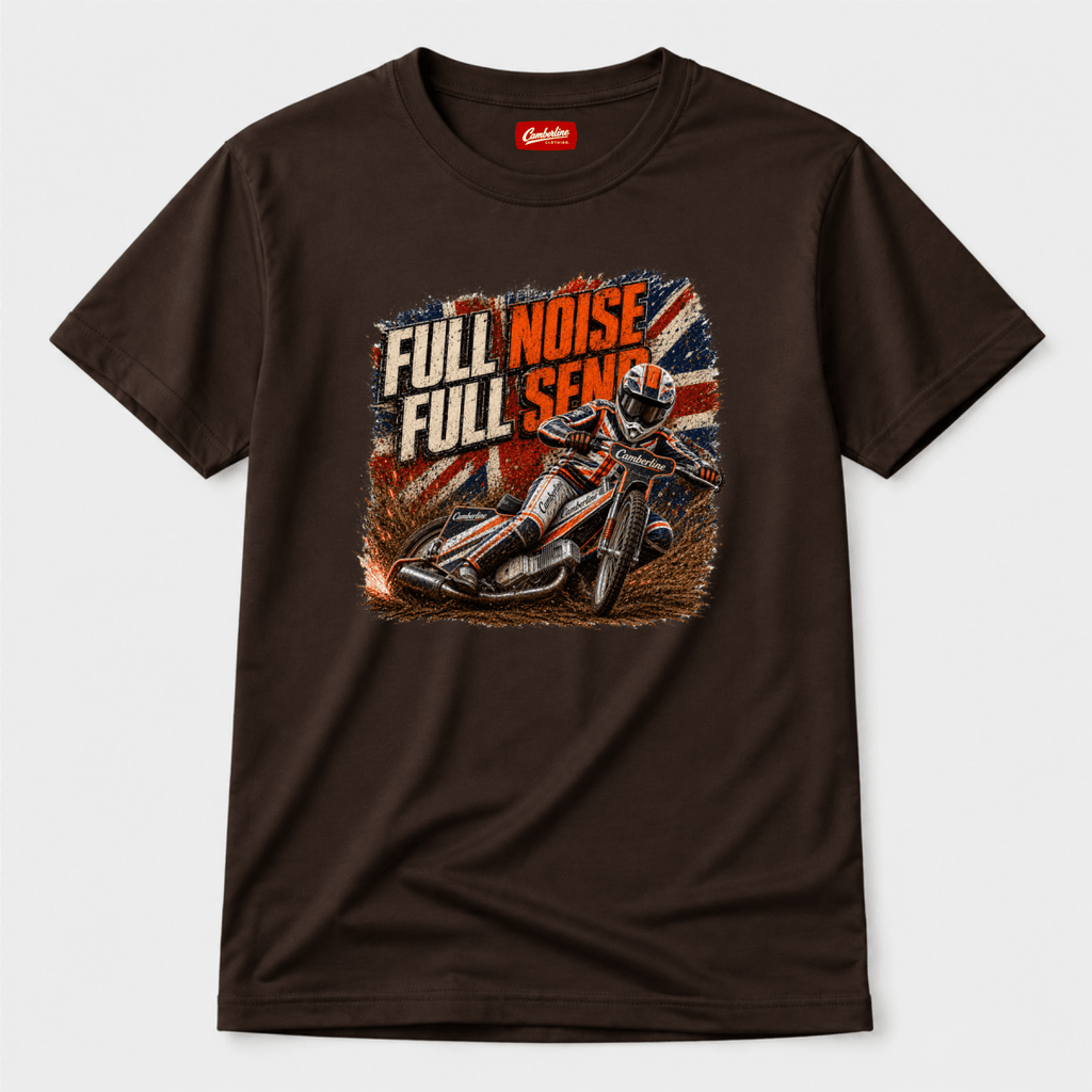Brown Camberline t-shirt showing Full Noise Full Senses Motorcycle Speedway front graphic