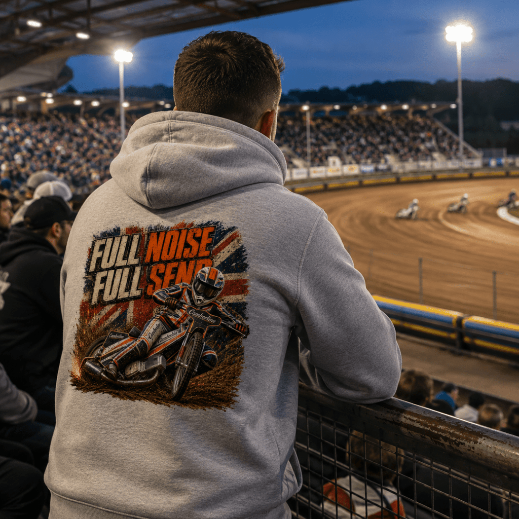 Model wearing Camberline hoodie showing Full Noise Full Senses Speedway Racing back graphic