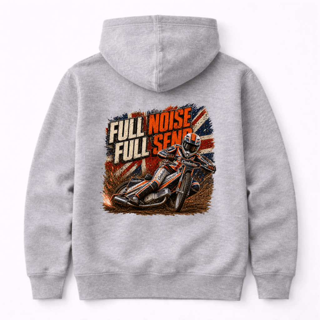 Heather Grey Camberline hoodie showing Full Noise Full Senses Speedway Racing back graphic
