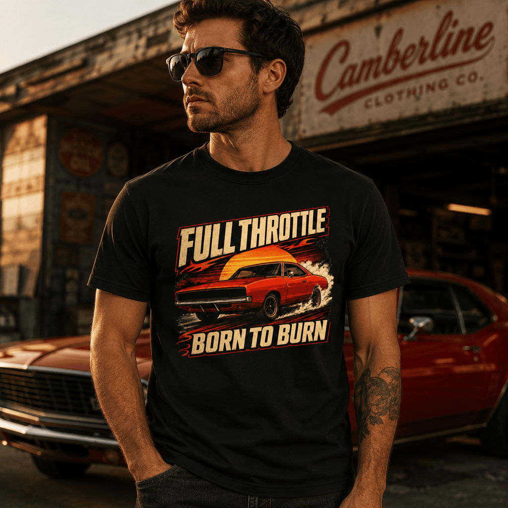 Model wearing Camberline Cars Full Throttle Born To Burn Muscle T-Shirt in Black
