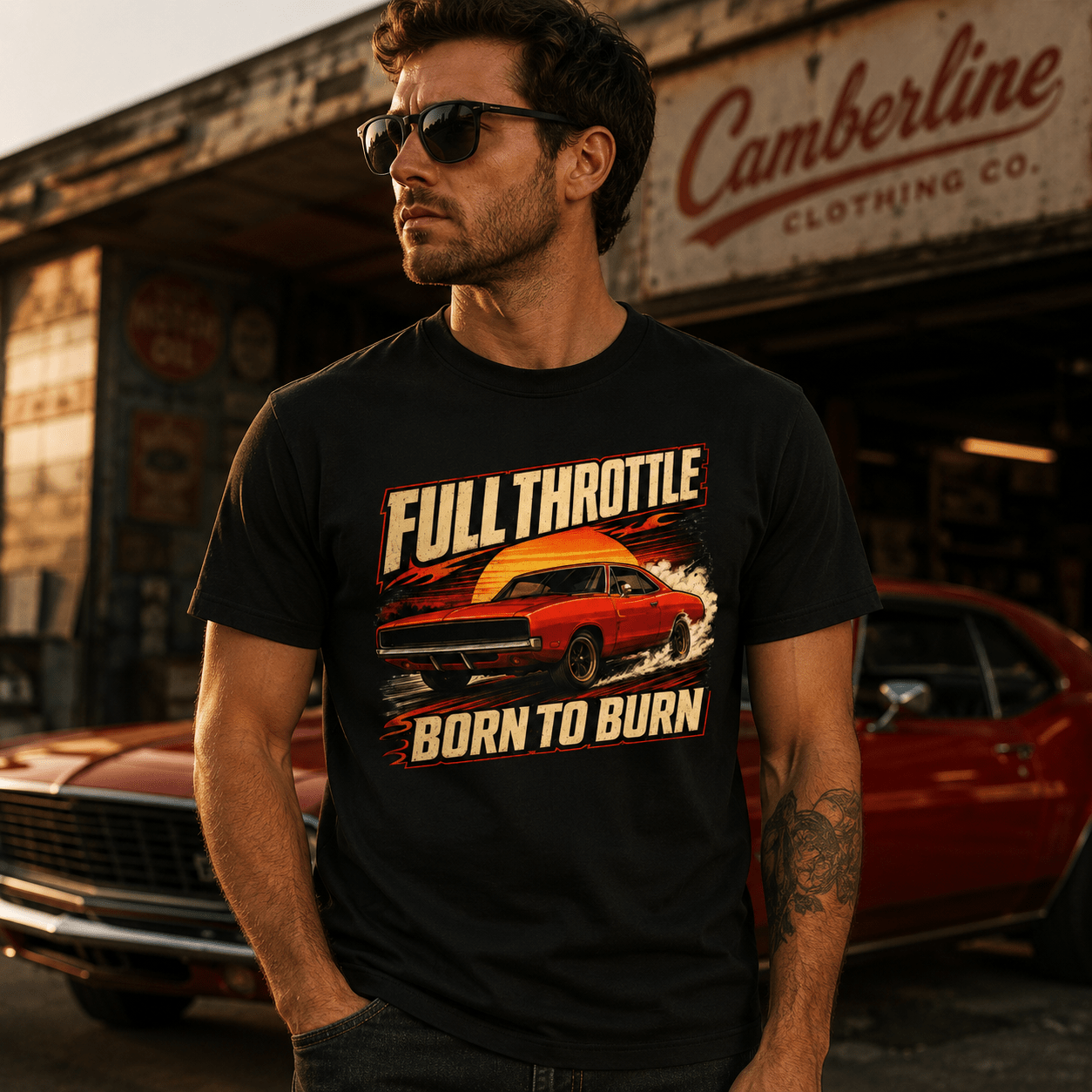 Model wearing Camberline Cars Full Throttle Born To Burn Muscle T-Shirt in Black