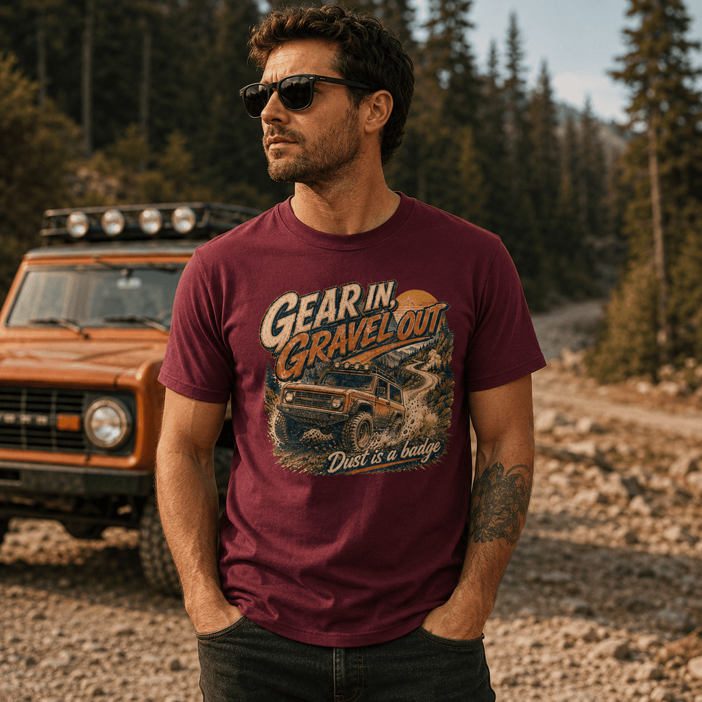 Model wearing Camberline Cars Gear In Gravel Out Dust Is A Badge Off Road 4X4 T-Shirt in Burgundy