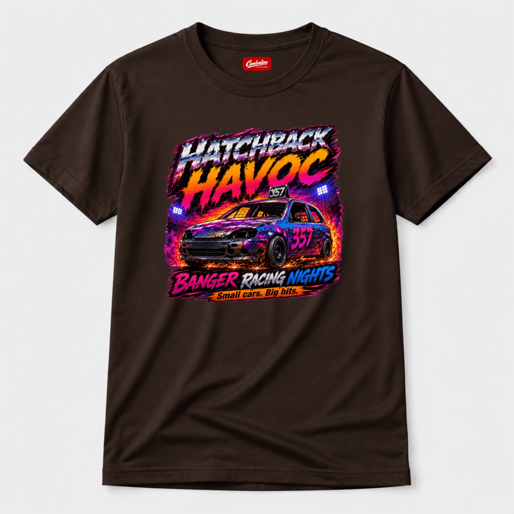 Camberline Hatchback Havoc Banger Racing Chocolate Brown t-shirt, front graphic for British oval racing fans