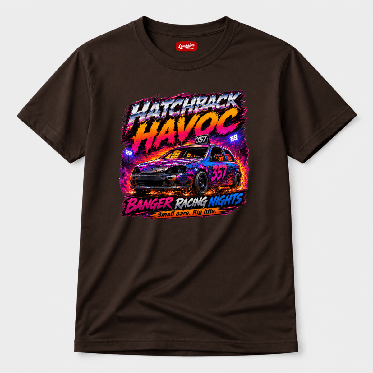 Camberline Hatchback Havoc Banger Racing Chocolate Brown t-shirt, front graphic for British oval racing fans