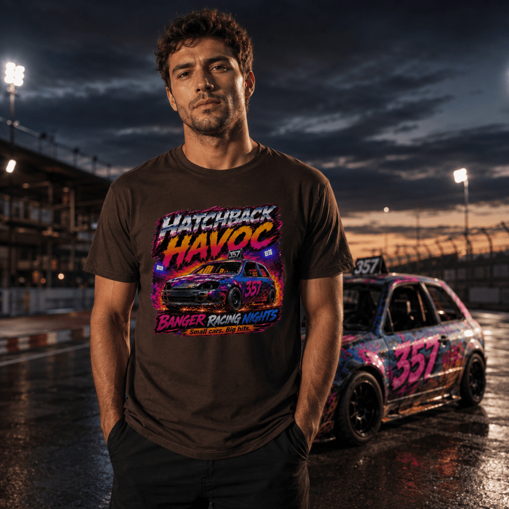 Model wearing Camberline Chocolate Brown t-shirt showing Hatchback Havoc Banger Racing British oval racing front graphic