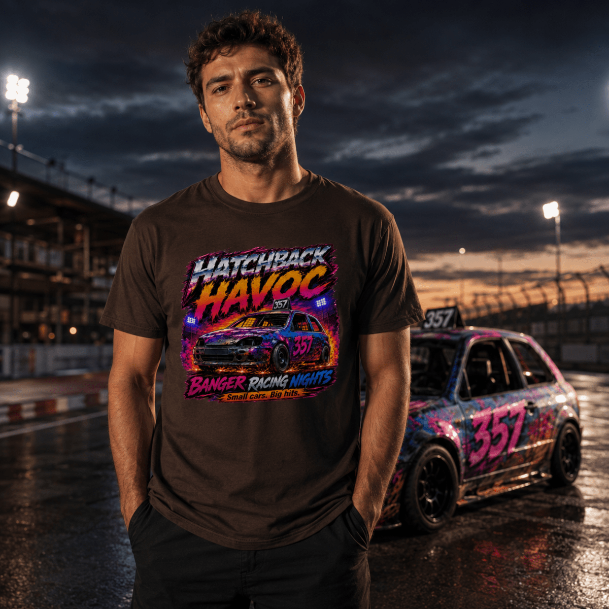 Model wearing Camberline Chocolate Brown t-shirt showing Hatchback Havoc Banger Racing British oval racing front graphic